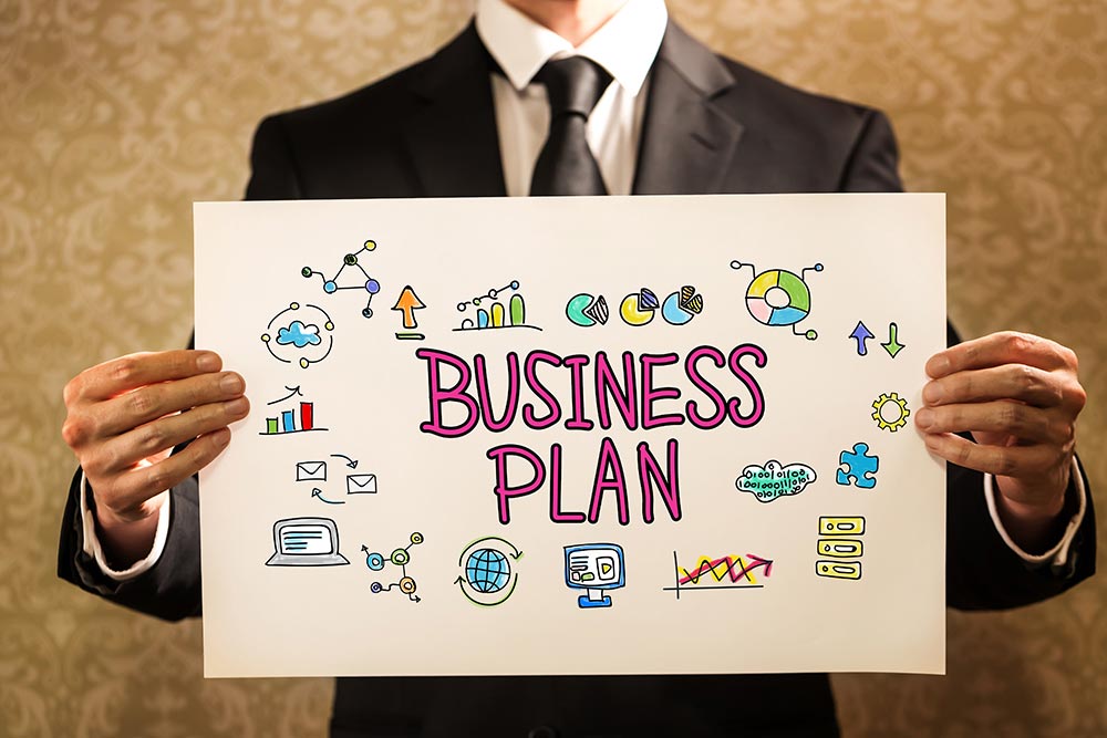 Business Plan text with businessman holding a sign board